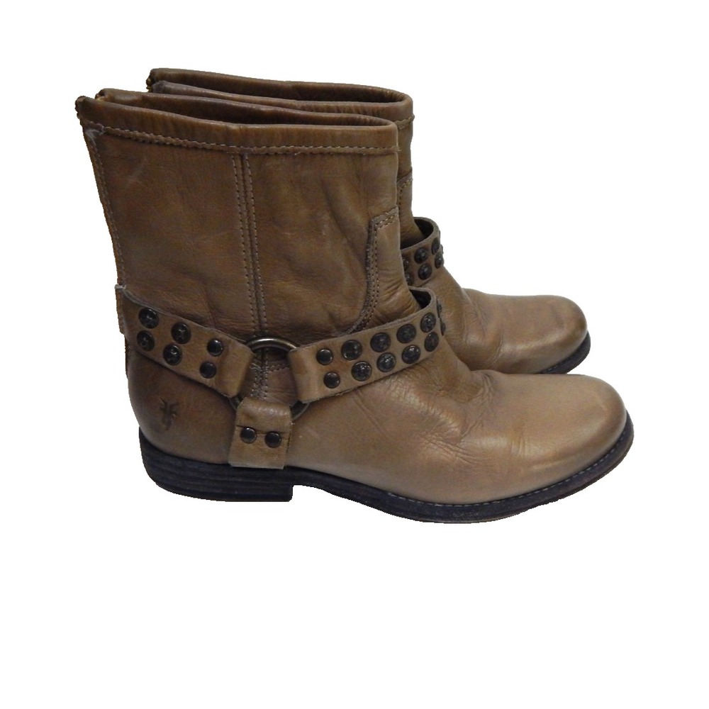 Frye Women's 7 Boots Phillip Studded Leather Harness Taupe Brown Ankle Moto